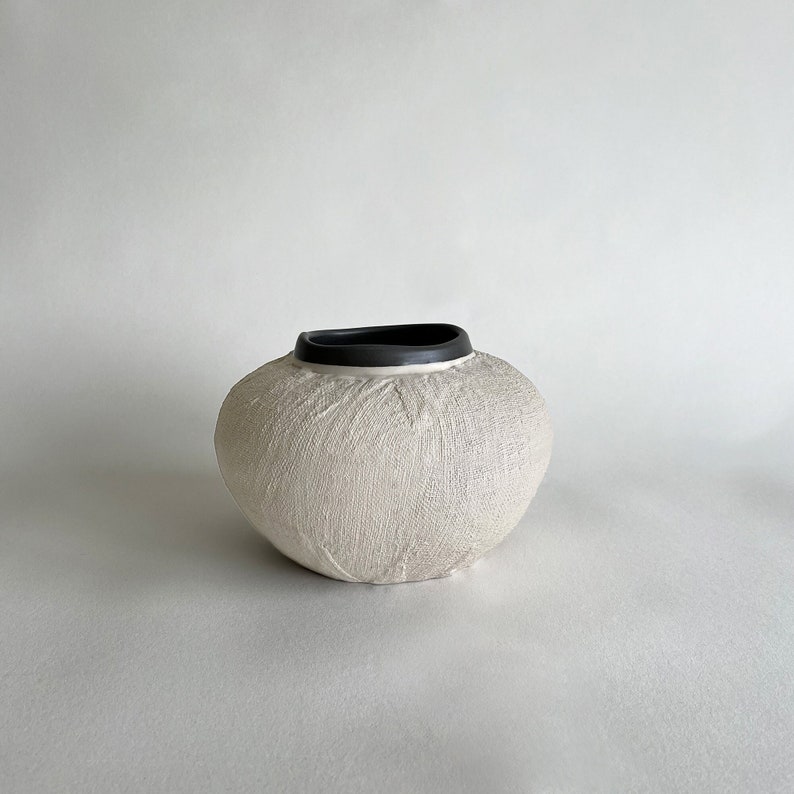 Handmade Organic Ceramic Textured Medium Vase Beige & Charcoal image 1