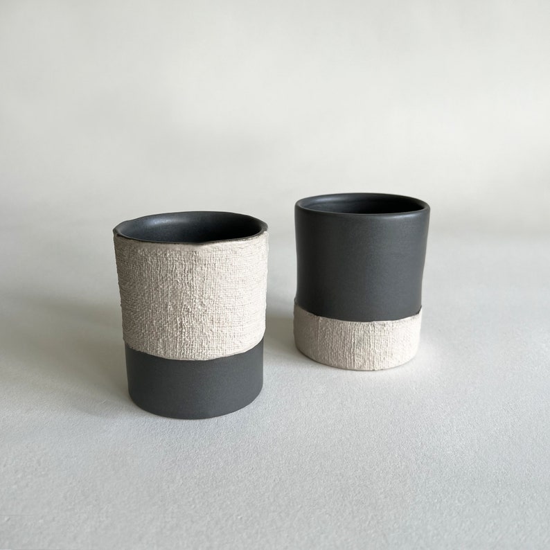 Handmade Organic Ceramic Cup Top Textured, Beige & Charcoal image 4