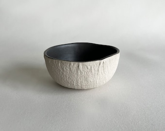 Handmade Ceramic Soup Bowl: Rustic Textured Stoneware in Beige and Charcoal