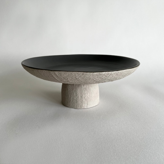 Handmade Beige and Charcoal Ceramic Serving Platter: Rustic Nordic Dining Table Centrepiece