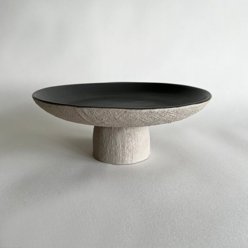 Handmade Beige and Charcoal Ceramic Serving Platter: Rustic Nordic Dining Table Centrepiece image 1
