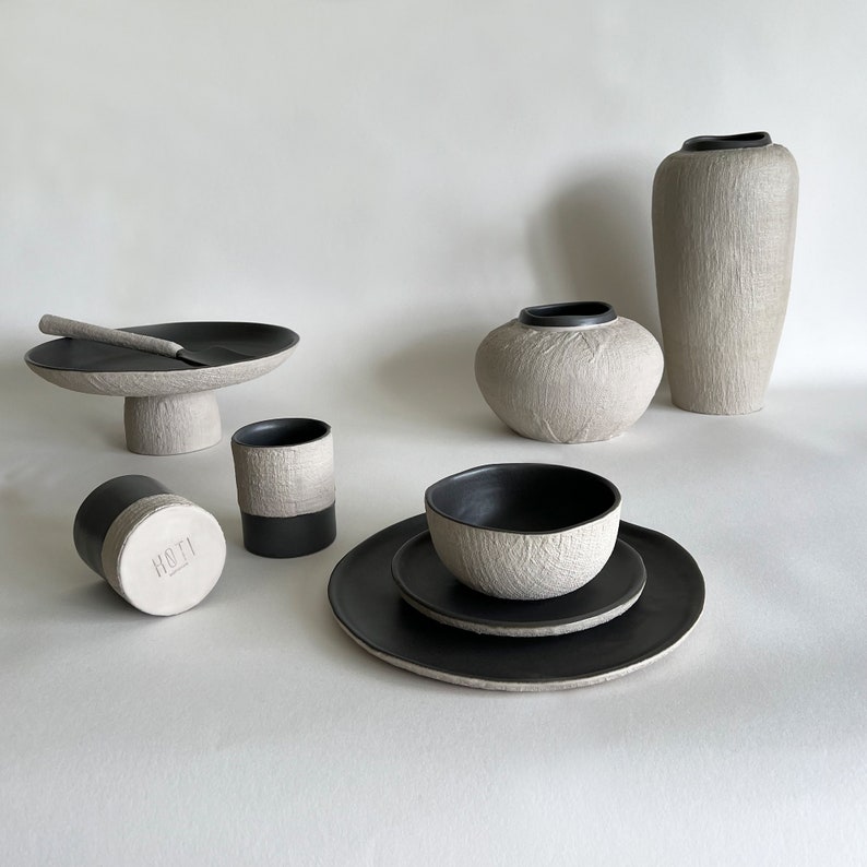 Handmade Beige and Charcoal Ceramic Serving Platter: Rustic Nordic Dining Table Centrepiece image 13