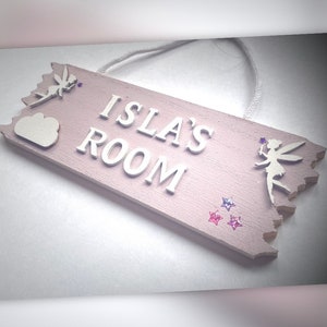 Personalised children’s, kids bedroom name plaque, wooden sign, fairies, baby shower gift, door sign, pink, white, diamanté detail