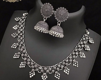 Oxidized Silver Choker Necklace & Jhumka Earrings: Indian Boho Jewelry Set