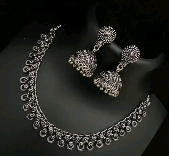 Oxidized Silver Necklace and Jhumka Earring Set: Handmade Indian Jewelry