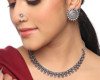 Handmade Oxidized Silver Jewelry Set | Indian Boho Necklace, Earrings, Ring & Nose Pin