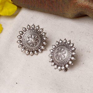 Oxidized Silver Stud Earrings | Floral Tribal Studs | Boho Ethnic Earrings | Handmade Indian Jewelry | Statement Earrings for Women 