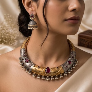 May include: A necklace and earring set featuring a thick, curved metal collar with alternating matte gold and oxidized silver sections. The jewelry is inlaid with teardrop and round red stones and finished with small white pearl-like beads.