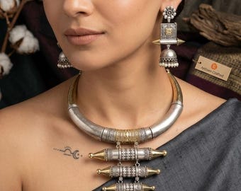 Dual Tone Hasli Necklace Set, Silver Gold Tribal Choker, Antique Oxidized Statement Jewelry, Geometric Jhumka Earrings Set,Boho Gift for Her