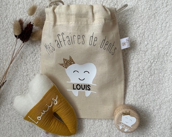 Kit de dientes de leche, cojín dental, caja de dientes y bolsa personalizada con el nombre del niño