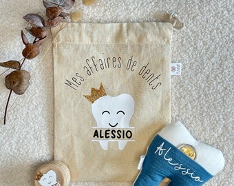 Milk teeth kit, tooth cushion, tooth box and pouch personalized with the child's name