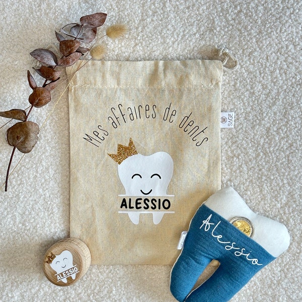 Kit à dents de lait , coussin dent boite à dent et pochon personnalisé au nom de l'enfant