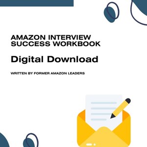 Może przedstawiać: Cyfrowy skoroszyt zatytułowany Amazon Interview Success Workbook, napisany przez byłych liderów Amazon, z ikoną żółtej koperty z białym dokumentem i żółtym ołówkiem, na białym tle z ciemnoniebieskimi abstrakcyjnymi kształtami.