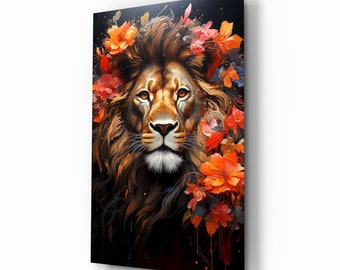 Lion Painting Glass Wall Art, Colorful Abstract Lion Print, Majestic Animal Wall Decor, Living Room and Office Art, Tempered Glass Gift
