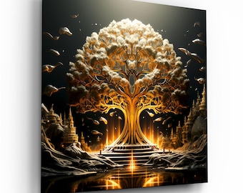 Tree of Life Glass Wall Art, Golden Fantasy Castle Print, Luxury Spiritual Wall Decor, Living Room and Bedroom Art, Tempered Glass Gift