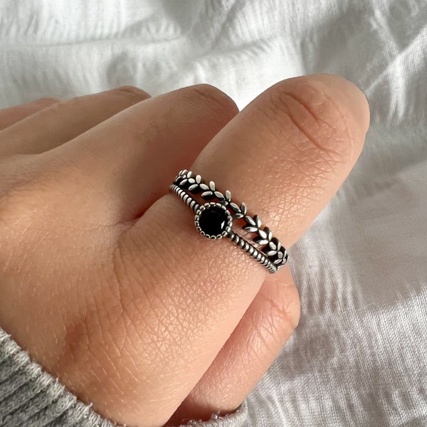 Bague en argent sterling feuille d'onyx noir, bague réglable, bague feuille pour femme, bague double couche avec pierres précieuses, bagues nature, bijoux minimalistes