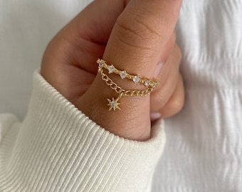 14k Gold Star Ring, Dainty Trendy Adjustable Ring, Celestial Ring, Statement Ring, Cute Ring, Rings For Women, CZ Ring, Mothers Present Ring