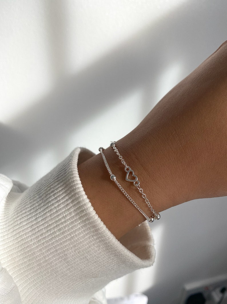 Sterling zilveren hart armband, schattige armband, vrouwen sieraden, sierlijke cadeau armband, minimalistische verstelbare alledaagse eenvoudige armband, geschenken afbeelding 9