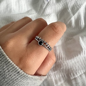 Zwarte Onyx bladring, verstelbare ring, bladring voor vrouwen, dubbellaagse edelsteenring, natuurringen, minimalistische sieraden afbeelding 3