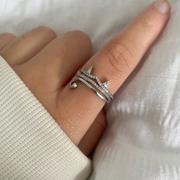 Sterling Silver Cat Ring, Adjustable Ring, Women Jewellery, Thumb Ring, Pet Ring, Cute Ring, CZ Ring, Animal Lover, Cat Mum, Unique Ring