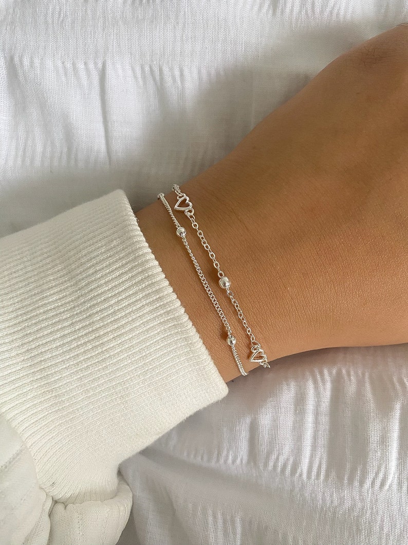 Sterling Silver Heart Bracelet, Cute Bracelet, Women Jewellery, Dainty Gift Bracelet, Minimalist Adjustable Everyday Simple Bracelet, Gifts image 1