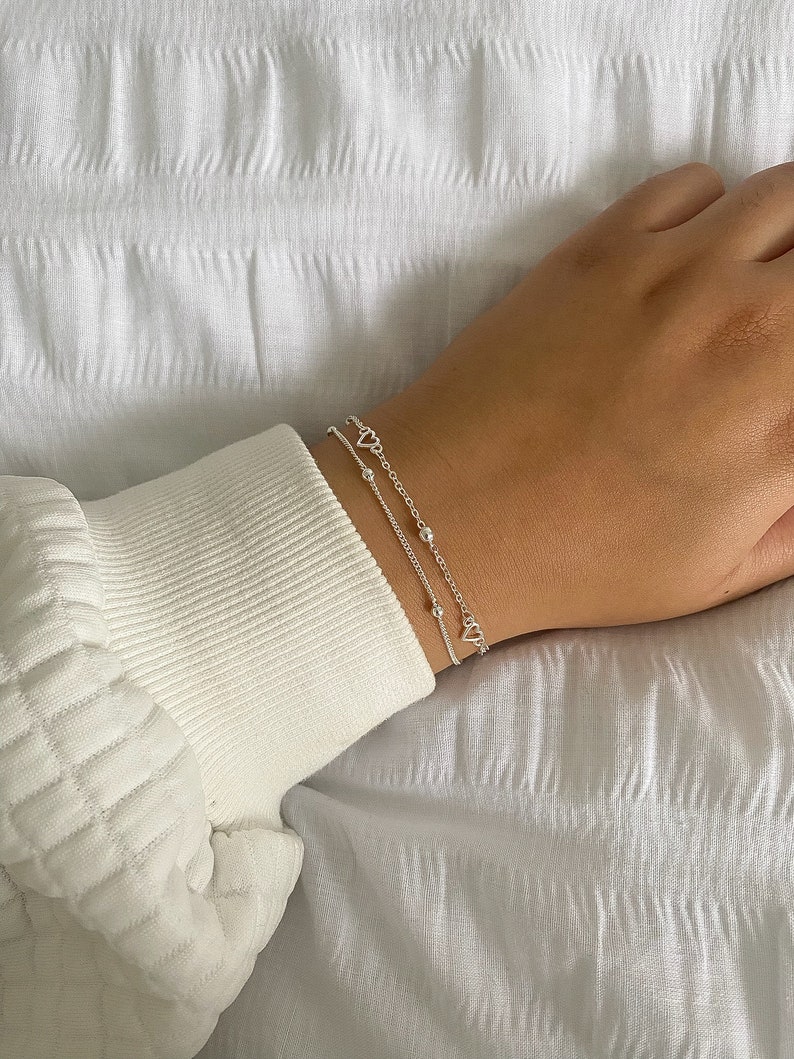 Sterling zilveren hart armband, schattige armband, vrouwen sieraden, sierlijke cadeau armband, minimalistische verstelbare alledaagse eenvoudige armband, geschenken afbeelding 3