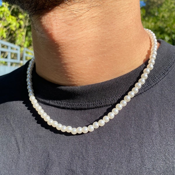 Herren Perlenkette, 6mm / 8mm Perlenkette, Minimalist Halskette, Geschenk für Ihn, Freund Geschenke, Hochwertige Perlen, Perlen Choker Halskette