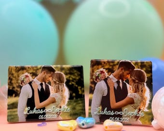 Personalisierter Hochzeitsmagnet mit Foto – 5×7 cm oder 5,7×5,7 cm, optional mit Namen und Datum