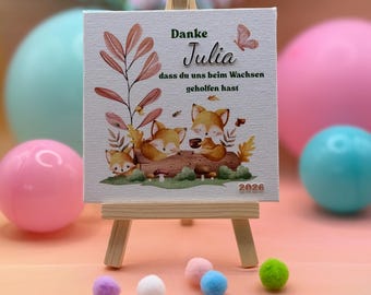 Personalisierte Mini-Leinwand 10×10 cm mit Staffelei – Abschiedsgeschenk für Erzieher:in, Lehrkraft oder Tagespflegeperson