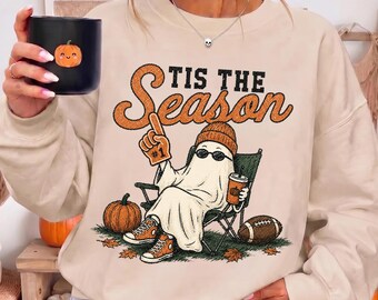 Tis The Season Sweatshirt, Football Ghost Hoodie, Halloween Football Sweater, Spooky Game Day Pullover, Fall Football Gift, LC986
