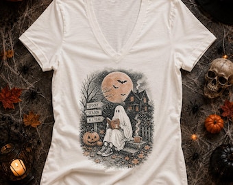 Halloween Ghost V Neck, Spooky Book Lover Vneck, Gothic Halloween Shirt, Vintage Ghost Reading Tee, Cozy Fall V Neck, LC988