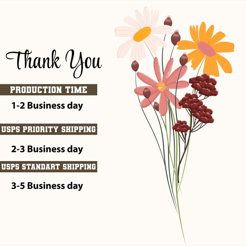 The image is a graphic with a bouquet of flowers and text providing information about shipping times for different types of business days.