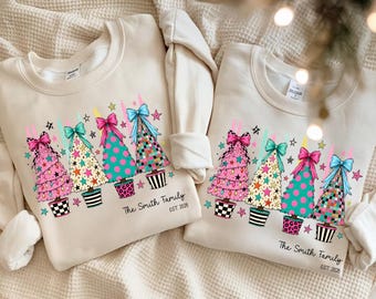 Personalized Christmas Sweatshirt, Custom Family Christmas Hoodie, Colorful Christmas Tree Sweatshirt, Festive Winter Pullover, LC964