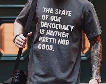 Distressed Democracy Graphic T-Shirt: Charcoal Gray Washed Cotton, Unisex S-3XL