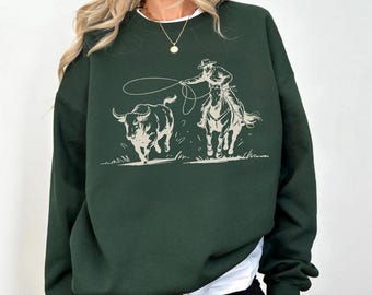Rodeo Cowboy Roping Sweatshirt, Western Line Art Bull Graphic, Country Ranch Lasso Pullover