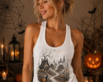 Halloween Village Racerback Tank, Haunted Village Tank Top, Spooky Fall Shirt, Pumpkin Halloween Tank, Gothic Autumn Outfit, LC985