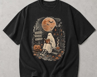 Halloween Ghost Shirt, Spooky Book Lover Tee, Gothic Halloween Shirt, Vintage Ghost Reading Shirt, Cozy Fall Graphic Tee, LC988