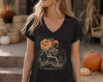 Skeleton Football V Neck, Halloween Football Vneck, Spooky Football Shirt, Gothic Sports Tee, Vintage Skeleton Game Day, LC990