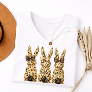 Leopard Bunny Easter Shirt, V-Neck Easter Bunny Tee, Cute Rabbit Leopard Print Shirt, Women’s Easter Vneck, Happy Easter Gift, LC617