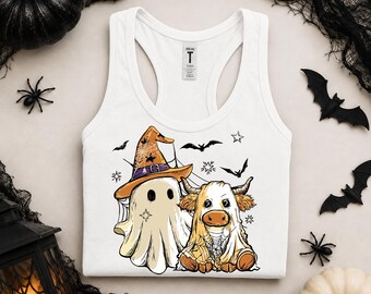 Halloween Ghost Racerback, Ghost Cow Tank Top, Cute Halloween Tank, Spooky Cow Tank, Fall Graphic Tank, Halloween Animal Gift, LC982
