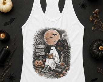 Halloween Ghost Racerback, Spooky Book Lover Tank, Gothic Halloween Tank Top, Vintage Ghost Reading Shirt, Cozy Fall Tank, LC988