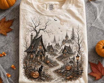 TITLE: Haunted Village Halloween Shirt, Gothic Pumpkin Tee, Spooky Haunted Town Shirt, Vintage Halloween Graphic Tee, Fall Shirt, LC985