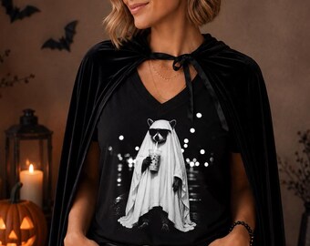Spooky Raccoon V Neck, Ghost Raccoon Halloween Vneck, Cute Raccoon Shirt, Halloween Graphic Tee, Goth Animal Vneck, LC983