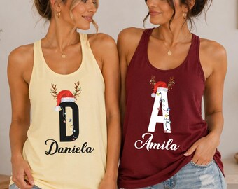 Personalized Christmas Racerback Tank, Custom Initial Name Tank Top, Christmas Shirt for Women, Holiday Tank, Christmas Gift, LC126