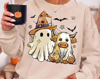 Halloween Ghost Sweatshirt, Ghost Cow Sweatshirt, Cute Halloween Sweater, Spooky Cow Sweatshirt, Fall Graphic Sweatshirt, LC982