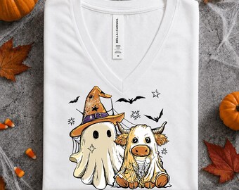 Halloween Ghost V Neck, Ghost Cow Vneck Shirt, Cute Halloween Vneck, Spooky Cow Shirt, Fall Graphic Tee, Halloween Animal Gift, LC982