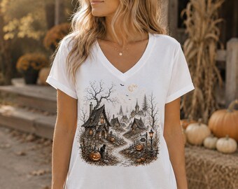 Haunted Village V Neck, Gothic Pumpkin Vneck Shirt, Spooky Halloween Tee, Vintage Haunted Town Shirt, Fall Vneck, Halloween Gift, LC985