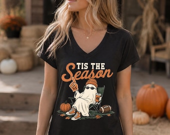 Spooky Football V Neck, Halloween Football Vneck, Ghost Football Shirt, Fall Sports Tee, Pumpkin Football V Neck, Game Day Gift, LC986