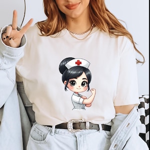 Cute Nurse Cartoon Shirt, Chibi Nurse T-Shirt, Strong Nurse Graphic Tee, Healthcare Hero Shirt, Nurse Appreciation Gift,RN Life Tee ALC2439