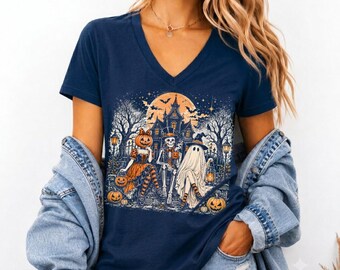 Vintage Halloween V Neck Shirt, Ghost Pumpkin Skeleton Tee, Spooky Haunted House V Neck, Cute Halloween Graphic Shirt, Fall V Neck Tee,LC963